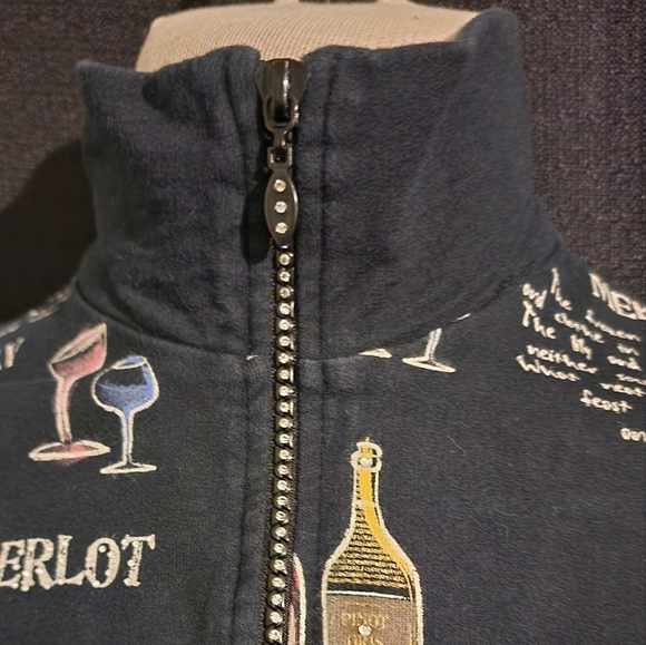 Vintage Jess & Jane French Terry Jacket Small Zip Front Wine Bottle Theme Blue - Picture 3 of 8
